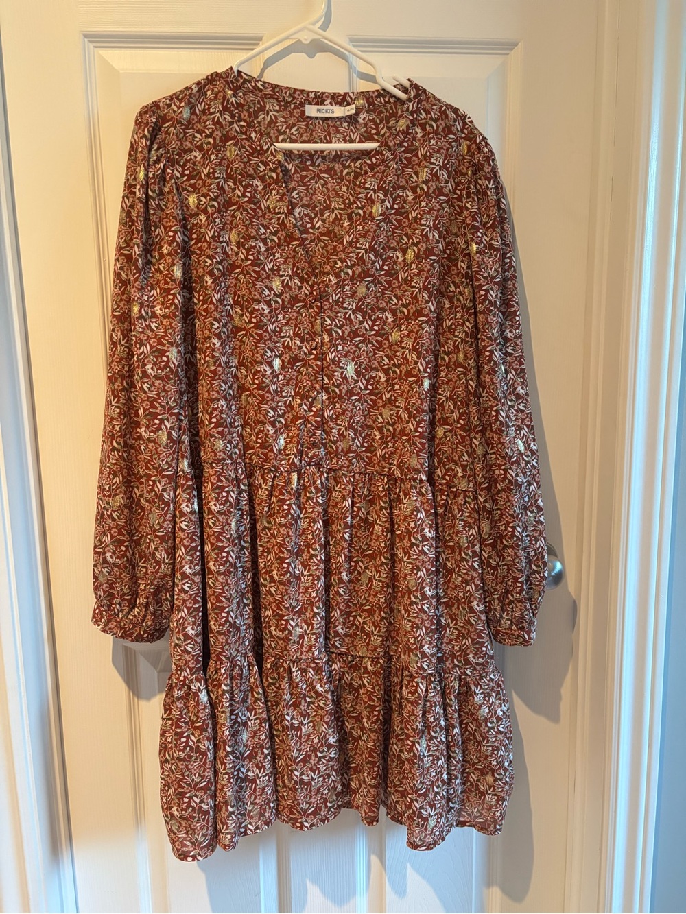 Ricki's Rust Floral Tiered V-Neck Dress with shiny and Cream Accents